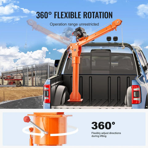 Electric Pickup Truck Crane With 6000 Lb Winch 12V Bed Mounted Folding Jib Hoist Steel Construction 360 Degree Swivel Built To Haul Heavy Lifting For Construction And Factory Jobs installed on truck
