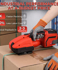 Dual Motor Electric Strapping Machine With 2x4000mAh Battery Built To Last Heavy Duty Tension Up To 3800N Fast Budget Friendly Easy Tightening For Pallets Strapping Made Simple. Handheld red PP/PET strapping tool on a cardboard box