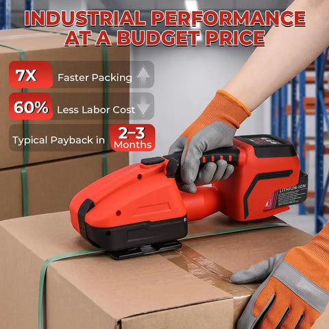 Dual Motor Electric Strapping Machine With 2x4000mAh Battery Built To Last Heavy Duty Tension Up To 3800N Fast Budget Friendly Easy Tightening For Pallets Strapping Made Simple. Handheld red PP/PET strapping tool on a cardboard box