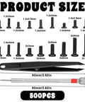 500 Piece Micro Screw Kit For Glasses And Electronics With Black Screws Included Screwdriver And Tweezers sizes displayed