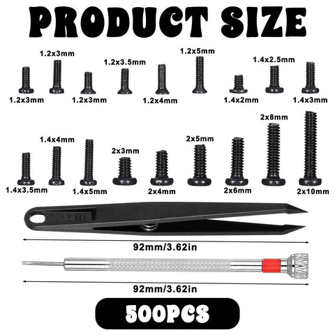 500 Piece Micro Screw Kit For Glasses And Electronics With Black Screws Included Screwdriver And Tweezers sizes displayed