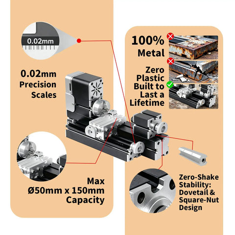 All Metal Mini Lathe Machine 36W 20,000 RPM Precision Lathe With 0.02mm Scale For Wood And Soft Metals Copper Aluminum Dope.