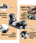 AcmeFlare 60W Mini Metal Lathe Machine showing precision scales, metal construction, and maximum capacity details.