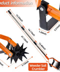 Dimensions of the Beast 72 Inch Rotary Cultivator With Long Adjustable Handle showing adjustable parts and weeder soil crumber