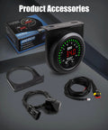 Turbo Boost And Vacuum Gauge Kit With LED Digital Display For Cars Trucks And ATVs 2 1/16 Inch 52mm Unit 1/8 NPT Electronic Pressure Sensor And Mounting Bracket Boost To 35 PSI Vacuum -30 To 0 InHg Red LED Readouts with sensor, bracket, and wiring