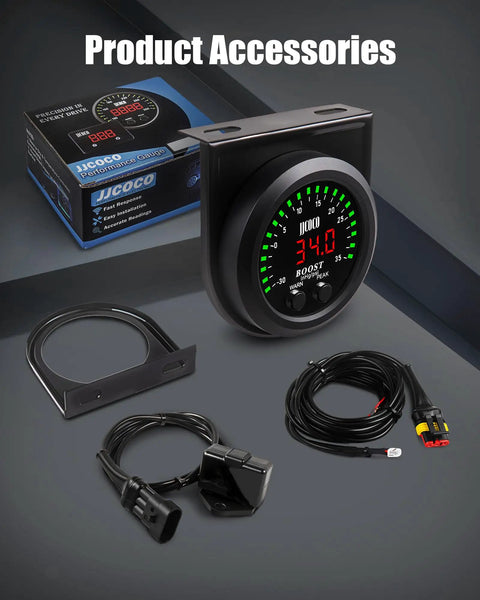 Turbo Boost And Vacuum Gauge Kit With LED Digital Display For Cars Trucks And ATVs 2 1/16 Inch 52mm Unit 1/8 NPT Electronic Pressure Sensor And Mounting Bracket Boost To 35 PSI Vacuum -30 To 0 InHg Red LED Readouts with sensor, bracket, and wiring