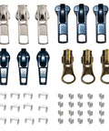 12 Pack Zipper Pull Replacement Kit Size 5 With Locking Sliders Top And Bottom Stops For Coats And Jackets On Metal Plastic And Nylon Coil Zippers Quick Fix shown in different colors and components.