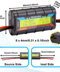 Diagram showcasing 200A Upgraded Watt Meter With Longer Wires Pro Grade Power Analyzer dimensions and LCD display for voltage and current.