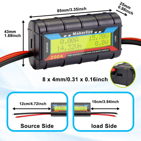 Diagram showcasing 200A Upgraded Watt Meter With Longer Wires Pro Grade Power Analyzer dimensions and LCD display for voltage and current.