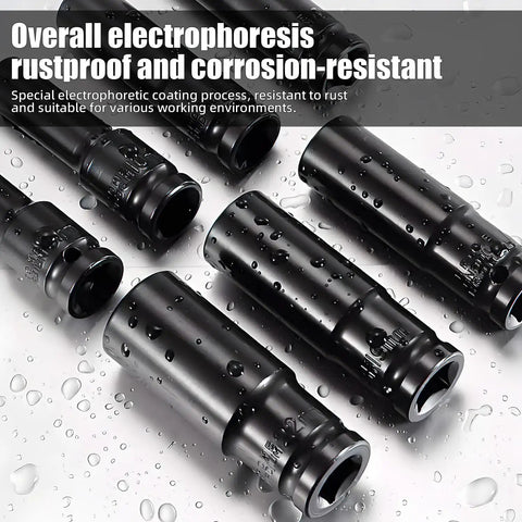 Built Tough Ten Piece Half Inch Drive Impact Socket Set Metric Deep Well Six Point Chrome Vanadium Wrenches showing rustproof sockets.