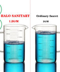 Comparison of water usage: CEC and DOE certified Halo Sanitary faucet at 1.2G/M versus ordinary faucet at 2G/M with blue liquid.