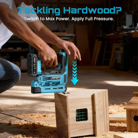 Lightweight Cordless Brad Nailer And Staple Gun With Battery Included Smooth Operator Softwood Specialist For Trim Upholstery Woodworking Garage Hero in use on wood.