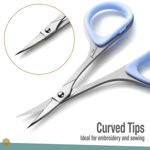 Dual Tip Sewing And Embroidery Scissors Set With Curved And Straight Blades, Extra Sharp Stainless Steel, Precise Tips, Ergonomic Rubber Handles For Comfortable Control In Small DIY Projects. Curved-tip 3.5-inch stainless steel sewing scissors with blue handle
