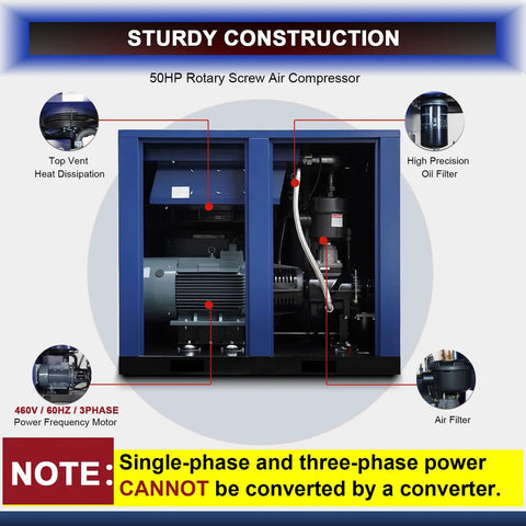 Gingine Industrial 50HP Rotary Screw Air Compressor, Heavy Duty 220CFM Fixed Speed System, 125 PSI, 460V 3Phase 60Hz For Factory And High Volume Production Line Uses