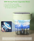 Game Changing Foldable Portable Mini Washing Machine With Sixteen Liter Capacity And Three Deep Wash Modes, showing 36W motor and washing process.