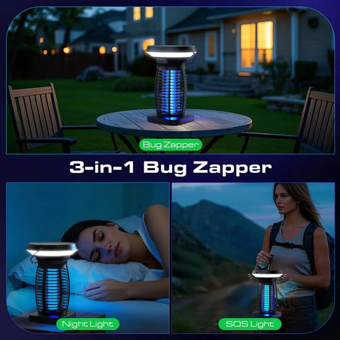 3-in-1 Solar Powered Bug Zapper Outdoor All Weather Waterproof Mosquito Fly Trap 4200V Electric Grid on patio table.