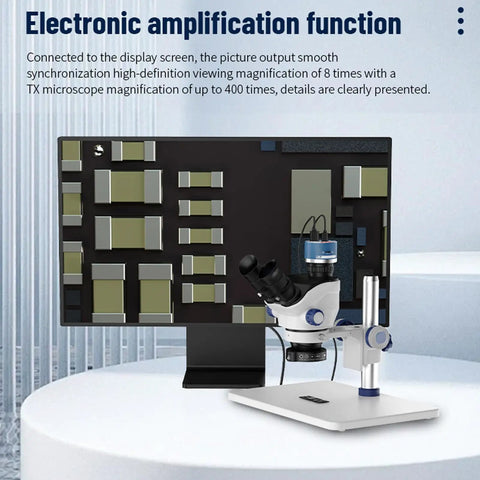 4K Compact Microscope Camera With 8X Magnification, CS Lens Mount, HD Video Output connected to display showcasing lab imaging