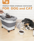 Dog Food Storage Container With Collapsible Body Attachable Casters And Scoop Plus Travel Silicone Bowl, holding dry food, with cat and dog