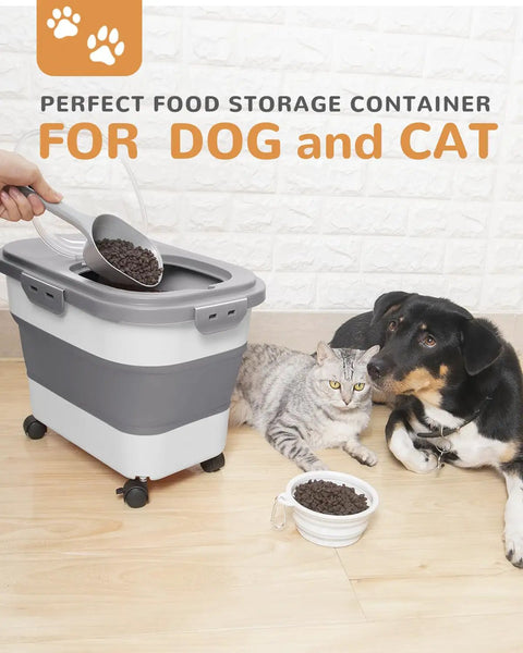 Dog Food Storage Container With Collapsible Body Attachable Casters And Scoop Plus Travel Silicone Bowl, holding dry food, with cat and dog