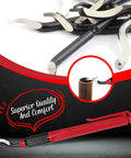 Front view of AFA Tooling deburring tool with red handle and 11 high-speed steel swivel blades.