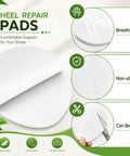Straight Up Fix For Tattered Soles, 8 Piece White Microfiber Shoe Repair Patches, Heavy Duty Self Adhesive Quick Stick For Sneakers, Athletic Shoes And Work Boots, Crisp Custom Cut Toe Pads showing breathable white heel repair pads.