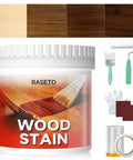 Kickass 32 Oz Black Walnut Water-Based Wood Stain And Sealer In One with application tools and color samples.