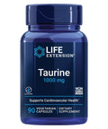 Front view of a bottle labeled Taurine 1000 mg, 90 vegetarian capsules, life extension, supports cardiovascular health, non-GMO, gluten-free.