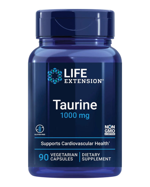 Front view of a bottle labeled Taurine 1000 mg, 90 vegetarian capsules, life extension, supports cardiovascular health, non-GMO, gluten-free.