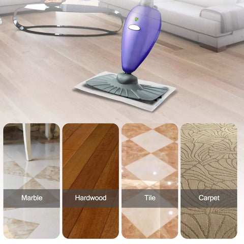Steam mop in living room with images of compatible floors: marble, hardwood, tile, carpet for Eight Pack Replacement Steam Mop Pads.