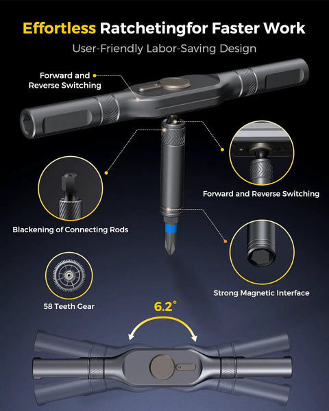 Ratcheting Screwdriver Set With 71 In 1 Magnetic Bits, S2 Steel, showing T-handle, ergonomic grip, and 58-tooth gear design.