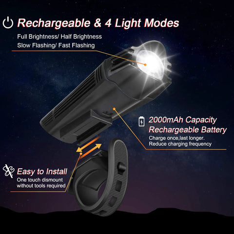 Ultra Bright USB Rechargeable Bike Light Set With Front Headlight And Rear Taillight Four Mode Options Built In Battery Easy Mounting For Road Mountain And City Cycling