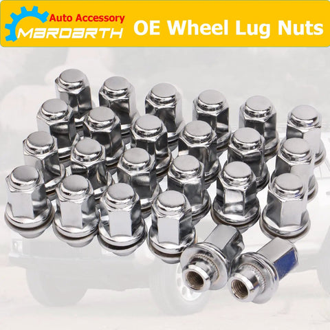 Set Of 24 OEM Mag Washer Lug Nuts 12x1.5 Thread, 13/16 Hex, 1.85 Inch Length arranged with chrome finish