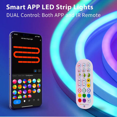 LED Neon Rope Light 9.8ft Flexible RGBIC Strip With Music Sync And DIY Design IP65 Waterproof, app and remote control display