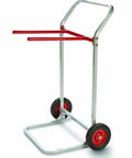 Heavy Duty Raymond Style Folding Chair Dolly With Tough 8 Inch Skid Resistant Rubber Wheels For Easy Transport. Gray metal frame.