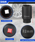 Beefy Half Inch Drive Deep Impact Socket Set Four-Piece 12 Point Metric Axle Nut Sockets 32mm laser etched marking