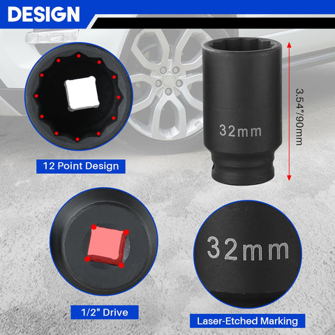 Beefy Half Inch Drive Deep Impact Socket Set Four-Piece 12 Point Metric Axle Nut Sockets 32mm laser etched marking