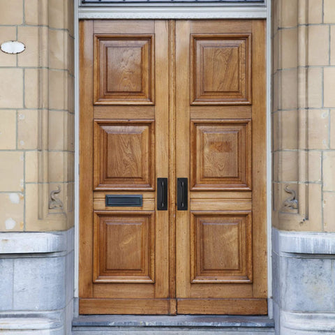 Wooden double doors with Beefy Heavy Duty Sliding Door Pulls And Push Plate Handles for Kitchen Cabinets And Barn Doors installed