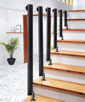 Rock Solid Matte Black Wrought Iron Handrail Adjustable Wall Mounted Stair Railing With Hella Grippy Nonslip Grip and Dang Easy Side Mount Brackets For A Badass Secure Way Upstairs, visible in a hallway with wood stairs.