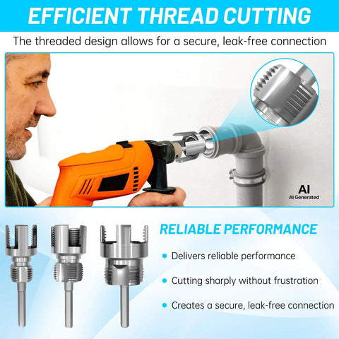 Using Dual Function PVC Pipe Threader Kit for threading PVC pipes with electric drill, alloy steel construction shown.