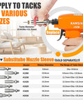 Lightweight Pneumatic Decorative Nailer For Upholstery And Leather Furniture With 11.7mm Head shown with interchangeable components.