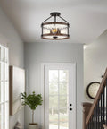 Rustic Farmhouse 14 Inch 3 Light Semi Flush Mount Ceiling Light With Crackle Glass Shade in a modern hallway.