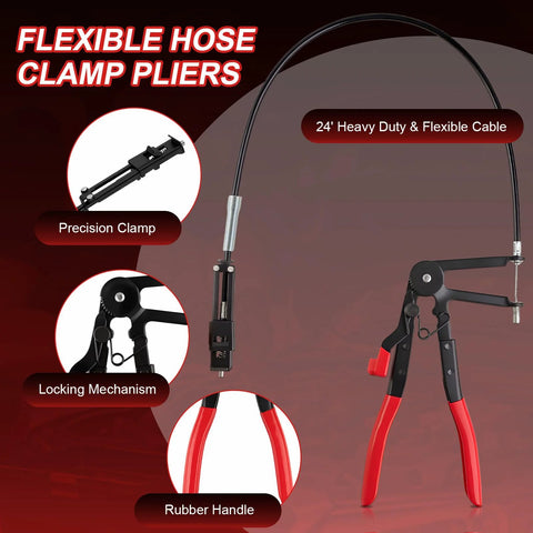 16-piece hose clamp pliers set with red handles and 24' flexible cable, front view