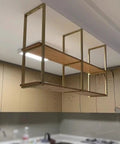 Straight Up Heavy Duty Ceiling Mount Shelf Brackets, Thirty By Eighty Centimeters, Solid Black Metal Hanging Storage Rack, Includes All Mounting Screws, Beast Mode Load Support, Easy Install To Knock Out Kitchen Clutter Today, viewed from below with wooden shelves.