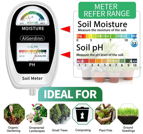 2 In 1 Soil Moisture And pH Meter With Dual Dial Readouts For Garden Lawn Farm Indoor Outdoor Plants Simultaneous Moisture And pH Testing Easy To Read Displays And Quick Results shown with reference range and ideal use scenarios