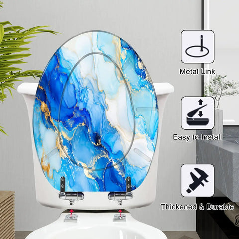 Elongated Alcohol Abstract Indigo White Gold Stains Stains Toilet Seat with intricate blue and gold design, easy installation features.