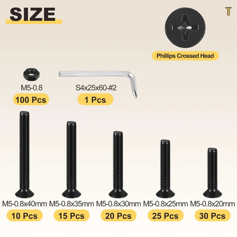 Rad M5 Thread 08 Carbon Steel Flat Head Machine Bolt Nut Assortment Set 200 Pieces with M5-0.8 screws, nuts, and hex key