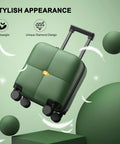 14 Inch Underseat Carry On Luggage With Wheels, TSA Approved Hardshell, Dark Green, shown with handle extended and wheels visible