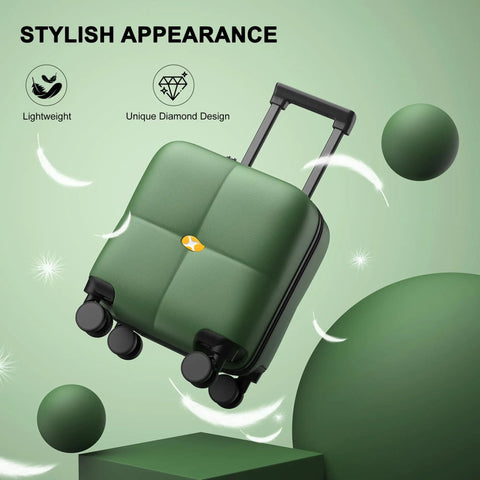 14 Inch Underseat Carry On Luggage With Wheels, TSA Approved Hardshell, Dark Green, shown with handle extended and wheels visible