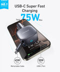 Retractable USB C Car Charger Delivers 75W Max Fast Charging With Built In Cable shown on smartphone showcasing dual ports