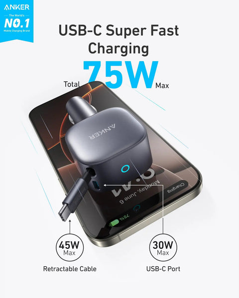 Retractable USB C Car Charger Delivers 75W Max Fast Charging With Built In Cable shown on smartphone showcasing dual ports